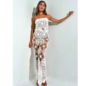 Crochet Knit 2-Piece Coverup Bandeau Top & Pant Set, White S NWT